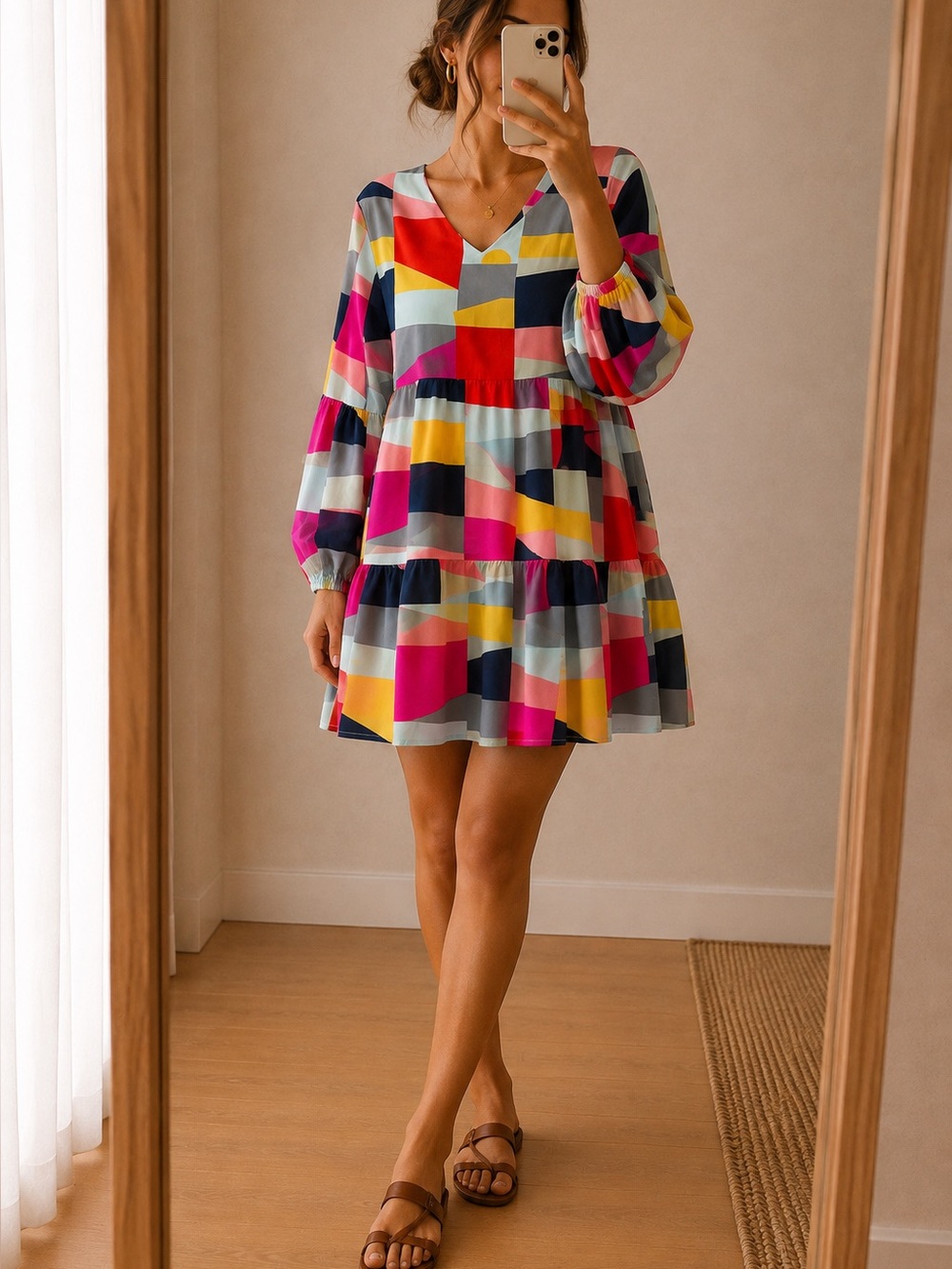 Colorblock Y2K 90s Geometric Print Babydoll Mini Dress Balloon Sleeve
